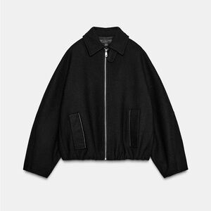 New Zara contrast collar wool balloon bomber jacket in black - medium